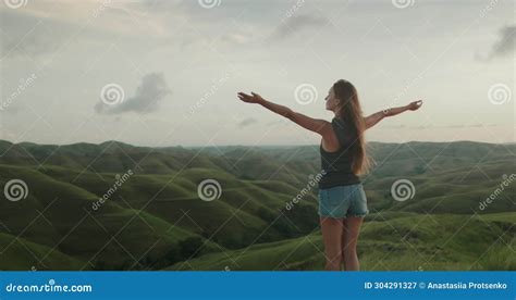 Woman Stand On Green Hill Meadow Raised Hands Stock Image Image Of