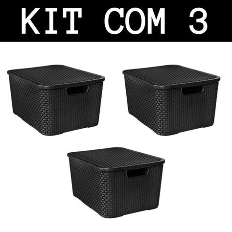 Kit 3 Cesto Caixa Organizadora Rattan Tampa 15 Litros