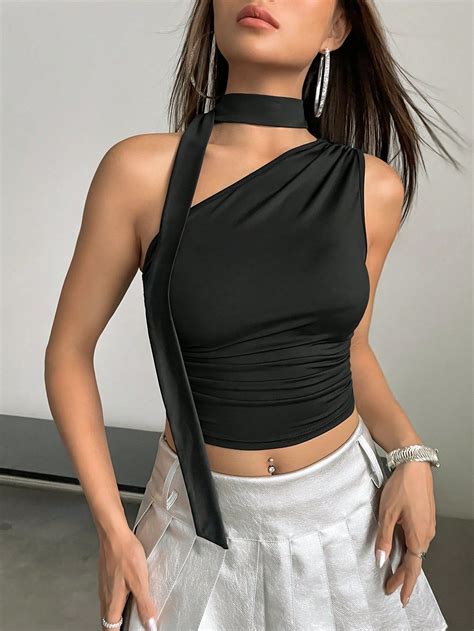 Y2k Fall Women Clothes Womens Sleeveless Textured Fabric Halter Neck Tie Decor Blouse Clothes