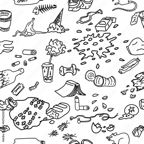 Seamless Pattern With Street Garbage And Waste In Doodle Style Stock