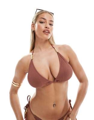 Top de bikini de copas grandes marrón triangular con cuentas diseño invertido y canalé de doble