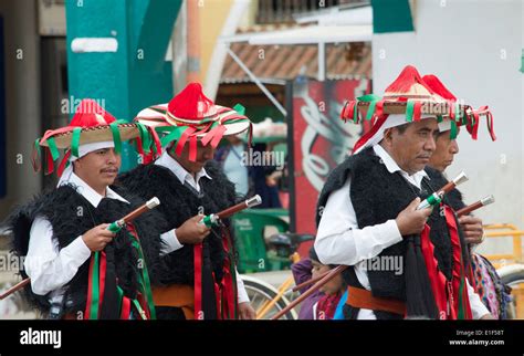 Officials in traditional costume Sunday market San Juan Chamula Chiapas ...