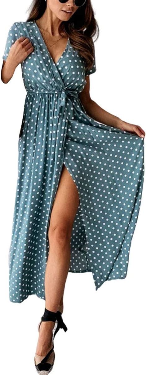 Sommerkleid Damen Elegante Knielang Kurzarm Kleider Boho Polka Dots V