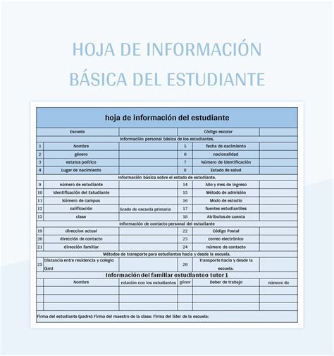 Plantilla de Excel Hoja De Información Básica Del Estudiante y Hoja de