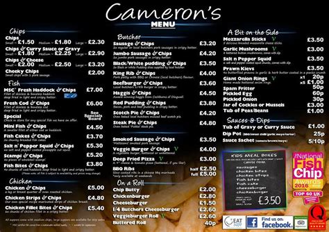 Menu At Camerons Chip Shop Fast Food Stornoway