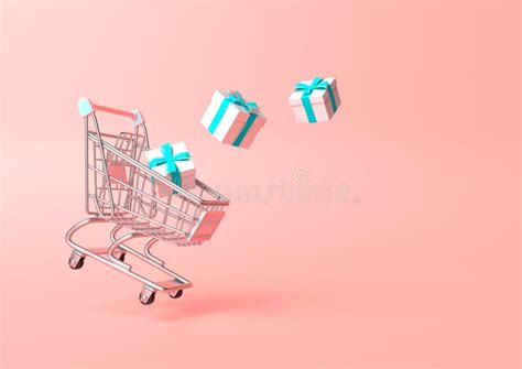 Carrinho De Compras Voador Com Presente Em Fundo Rosa Ilustração Stock