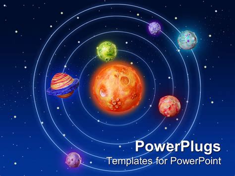 Powerpoint Template Solar System With Sun In The Center And Six Planets Around It On A Starry