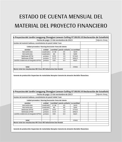 Plantilla De Excel Estado De Cuenta Mensual Del Material Del Proyecto Financiero Y Hoja De