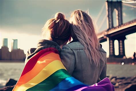 Beautiful Lesbian Young Couple Gently Lovingly Hugging With Rainbow