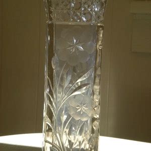 Tall Lead Crystal Cut Glass Square Vase Etched Flowers Stems Etsy