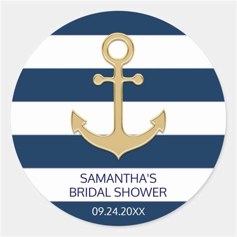 Nautical Navy Blue White Stripes Gold Anchor Classic Round Sticker Zazzle