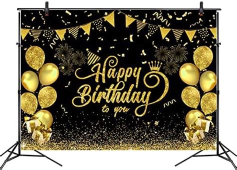 7x5ft Happy Birthday Backdrop Black And Gold Glitter Balloon Fireworks Sign