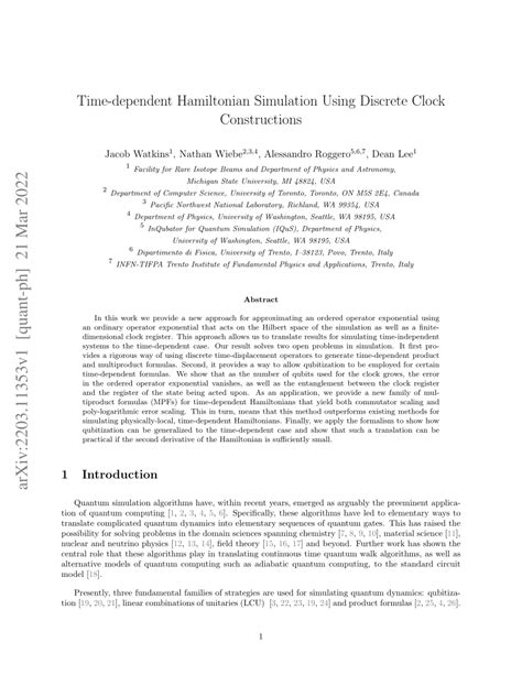 Pdf Time Dependent Hamiltonian Simulation Using Discrete Clock