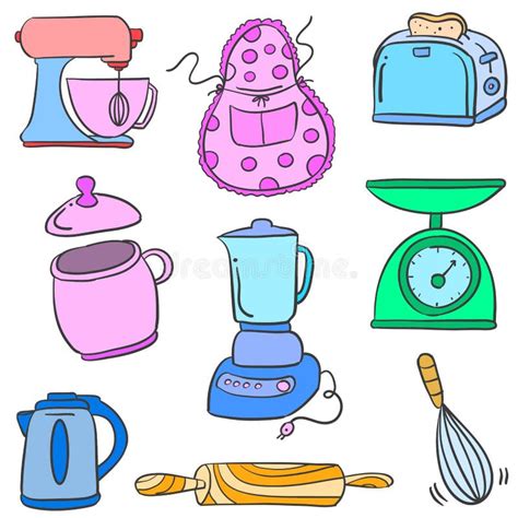 Kitchen Set Colorful Doodle Style Stock Vector Illustration Of Cute