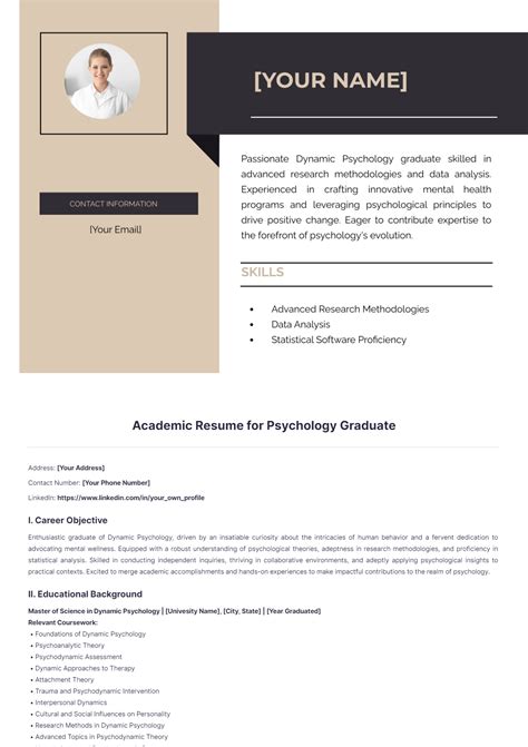 Free Academic Resume For Psychology Graduate Template To Edit Online