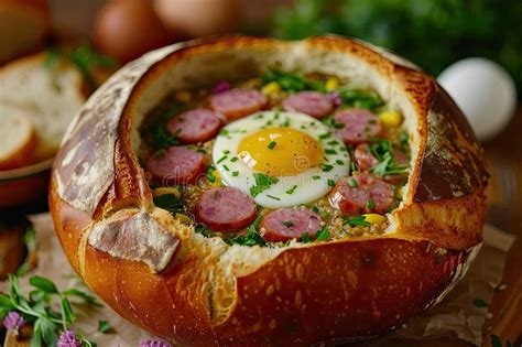 Traditional Polish Soup Zurek With Sausage Egg Served In Bread Bowl