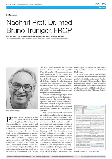 Pdf Nachruf Prof Dr Med Bruno Truniger Frcp