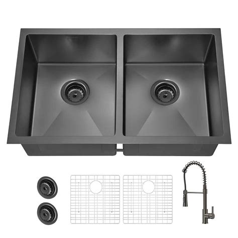 Reviews For Glacier Bay 31 In Undermount Double Bowl 18 Gauge Gunmetal Black Stainless Steel