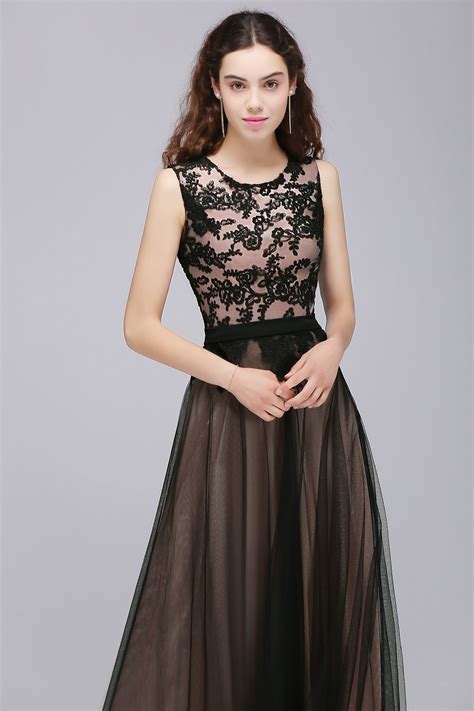 Babyonlinedress Crew Neck Black Lace Overlay Applique Evening Long Prom