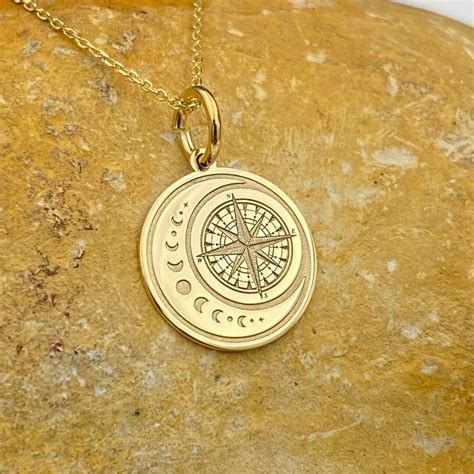 Dainty 14k Solid Gold Moon Compass Pendant Personalized Moon Compass Necklace Compass Moon