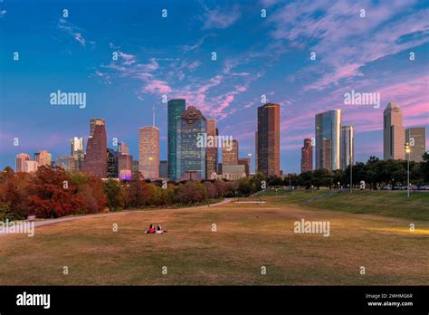 Houston City Skyline At Sunset In Houston Texas Usa Stock Photo Alamy