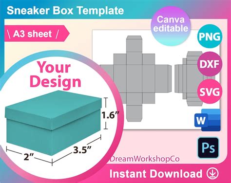 Box With Lid Template Mini Shoes Box Template Sneaker Box Etsy