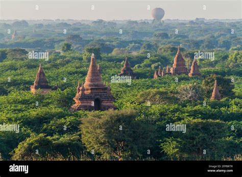 Balloon Over Bagan Hot Air Balloons Floating Among The Skyline Of Temples Myanmar Stock Photo