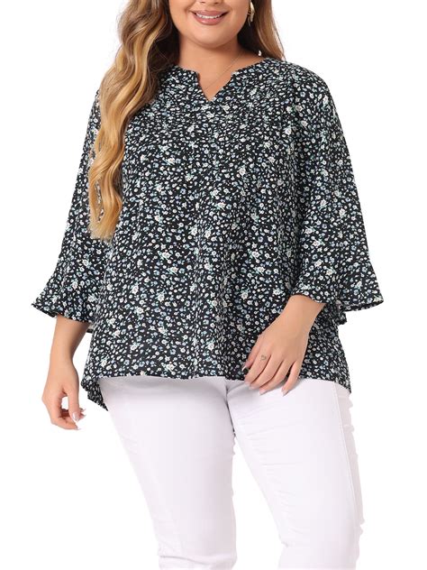 Agnes Orinda Womens Plus Size Pleated V Neck 34 Sleeves Floral Blouse