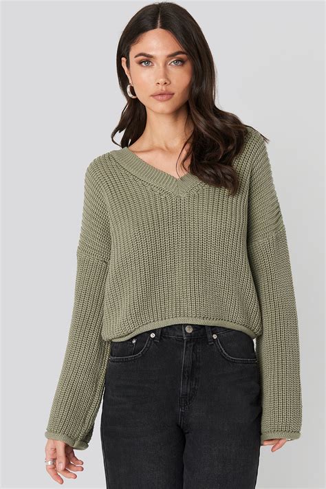 Cropped V Neck Knitted Sweater Green Na