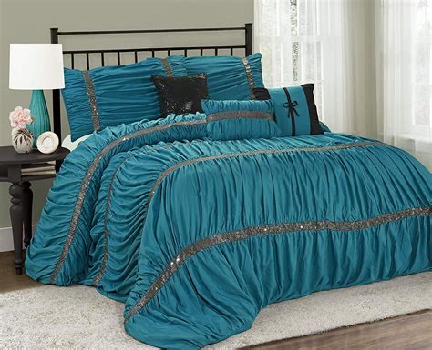 Hig 7 Piece Comforter Set King Teal Microfiber Ruffles Silver Sequins