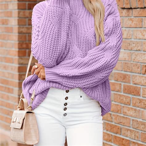 Solid Mock Neck Pullover Sweater Casual Long Sleeve Sweater For Fall