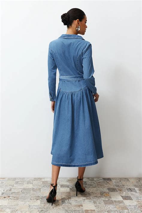 Stylish Belted Blue Jean Maxi Dress Trendy Belted Jean Dress Mid Sleeve Belted Jean Dress Knee