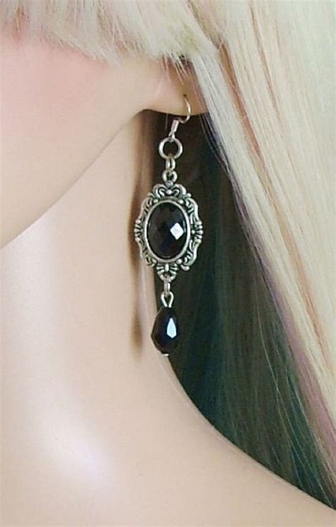 Black Cabochon Drop Dangle Gothic Earrings Vintage Earrings Halloween