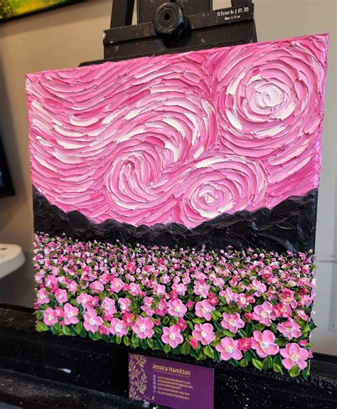 Original Painting Pink Starry Flower Field D Textured Canvas Wall Art