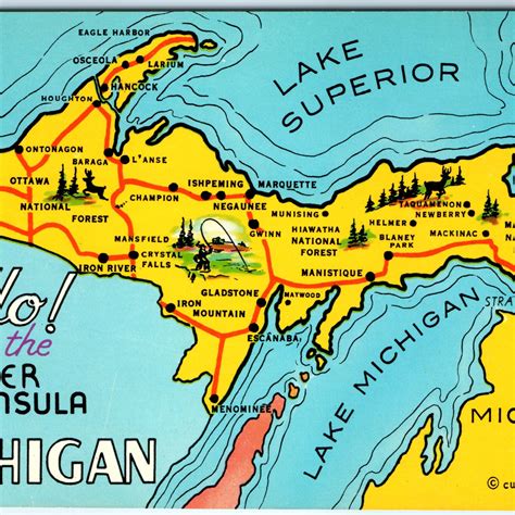 c1960s Upper Peninsula, MI Hello Greetings Map Highway Lakes from