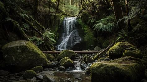 Una Cascada En Un Bosque Con Helechos Y Rocas Cubiertas De Musgo