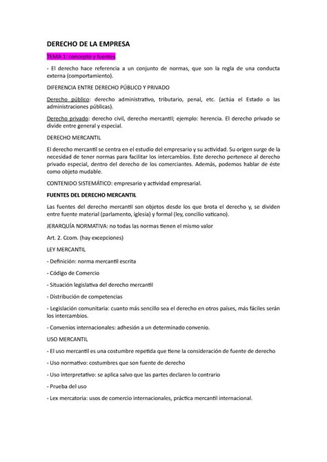 Apuntes Derecho De La Empresa Lección 1 Y 2 Derecho De La Empresa Tema 1 Concepto Y Fuentes