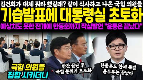 김건희가 대체 뭐라고 했길래 같이 식사하고 나온 국힘 의원들 기습발표에 대통령실 초토화 예상치도 못한 전개에 한동훈까지