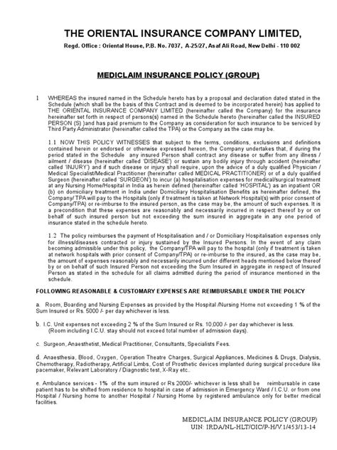 Group Mediclaim Policy 06052015 Insurance Hospital