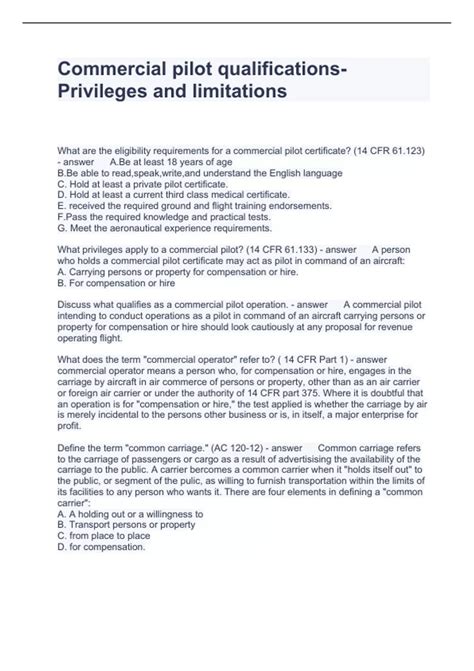 Commercial pilot qualifications-Privileges and limitations Questions
