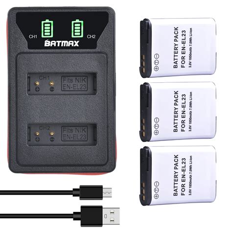 3X 1850mAh EN EL23 Replacement Li Ion Battery LED USB Charger For Nikon