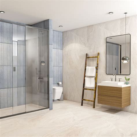 Modern Beige And Grey Bathroom Design With Wooden Wall Mounted Vanity