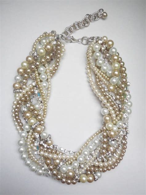 Ivory Champagne White Pearl Twisted Chunky Statement Necklace