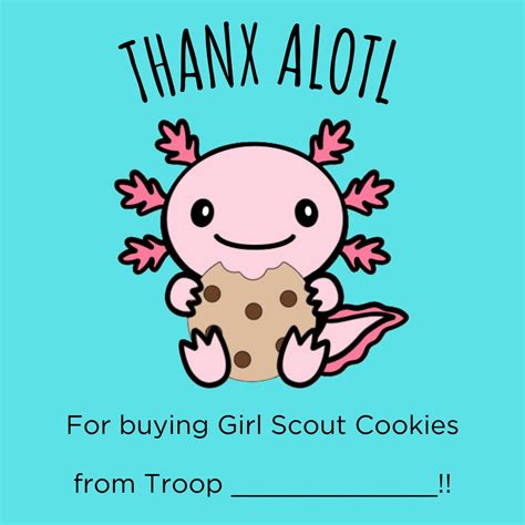 Thanx Alotl Girl Scout Cookie Mascot Thank You Cards Etsy