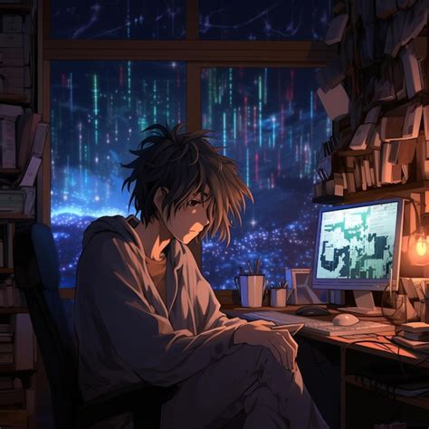 Premium Photo Anime Boy Sitting In Front Of A Computer Desk With A