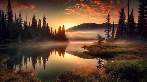 Mountain Lake With Pine Trees In Front Of It At Sunset Background