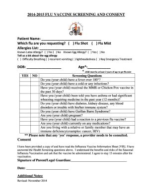 Fillable Online 2014 2015 TP Flu Screening And Consent REV Fax Email