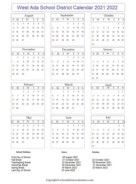 West Ada School District Calendar 2021 2022 School District Calendars