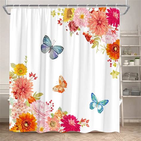 Watercolor Floral Shower Curtain Spring Farm Butterfly Hummingbird