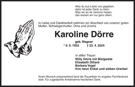 Traueranzeigen von Karoline Dörre trauer flz de